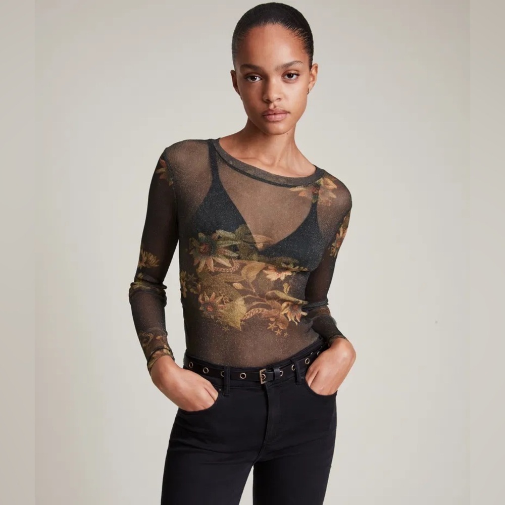 AllSaints Avifauna Francesco Top NWT Rare Sheer Floral Mesh Size 6